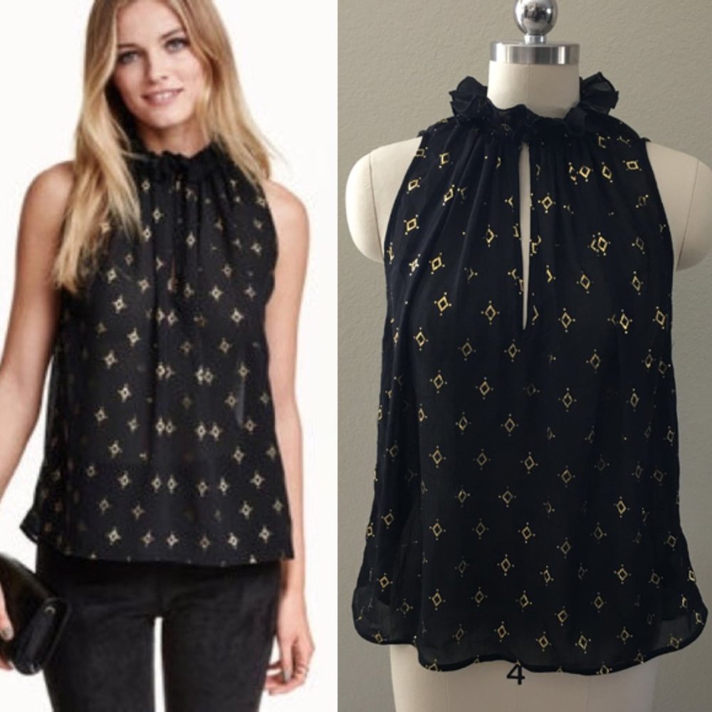 🍉 H&M Black Geometric High Neck Ruffle Blouse Top